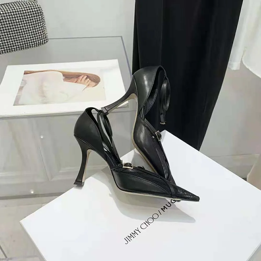 Jimmy Choo Mugler Strap Pump Black Kid Leather and Mesh Pumps with Straps for Women