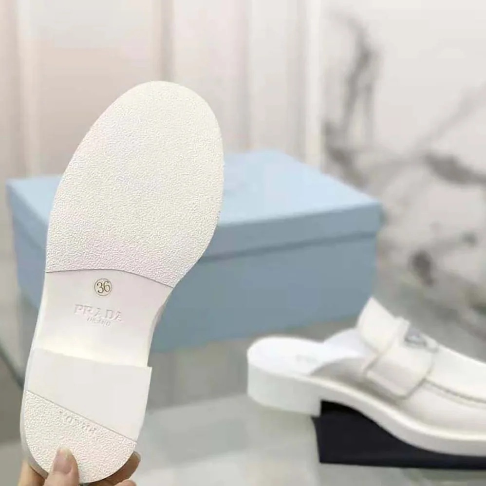 Prada Chocolate Brushed Leather Mules for Women in White Prada Chocolate Brushed Leather Mules for Women in White