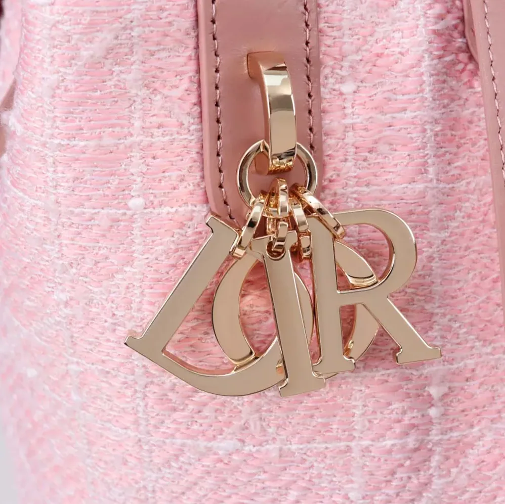 Dior Small Dior Toujours Vertical Tote Bag Pink Tweed with White Cannage Motif for Women