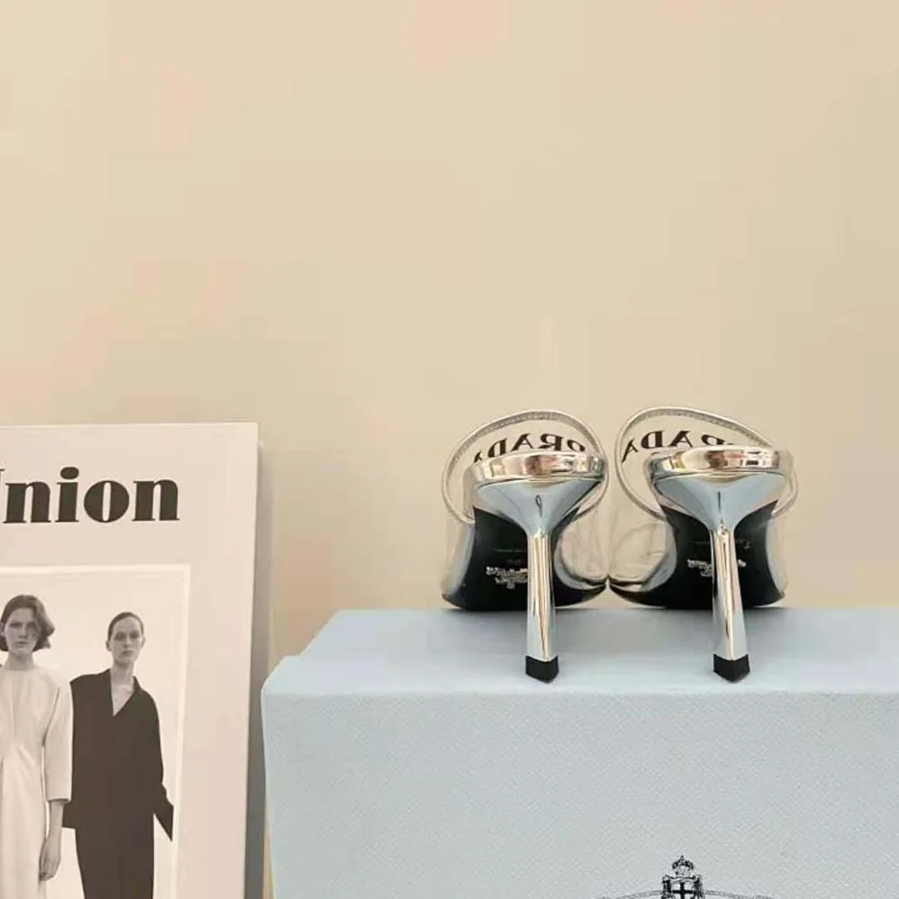 Prada Logo-print Plexiglas High-Heel Slides in 75mm Heel Height for Women Prada Logo-print Plexiglas High-Heel Slides in 75mm Heel Height for Women