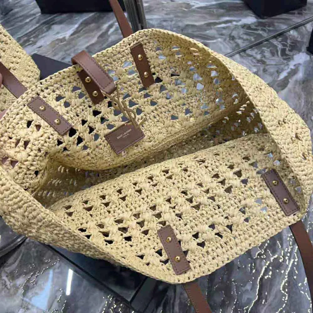 Saint Laurent YSL Panier Medium Bag in Crochet Raffia and Smooth Leather for Women