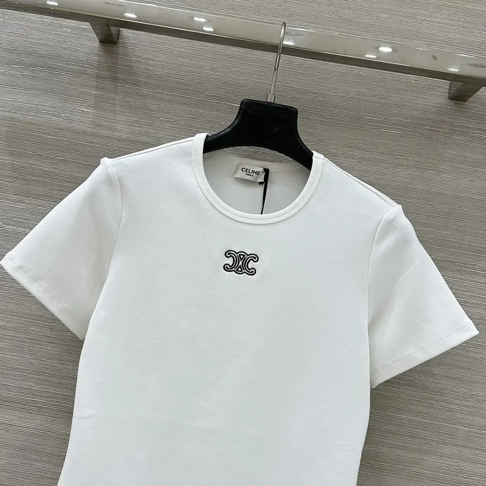 Celine Triomphe T-Shirt In Ribbed Cotton Jersey for Women in White Celine Triomphe T-Shirt In Ribbed Cotton Jersey for Women in White