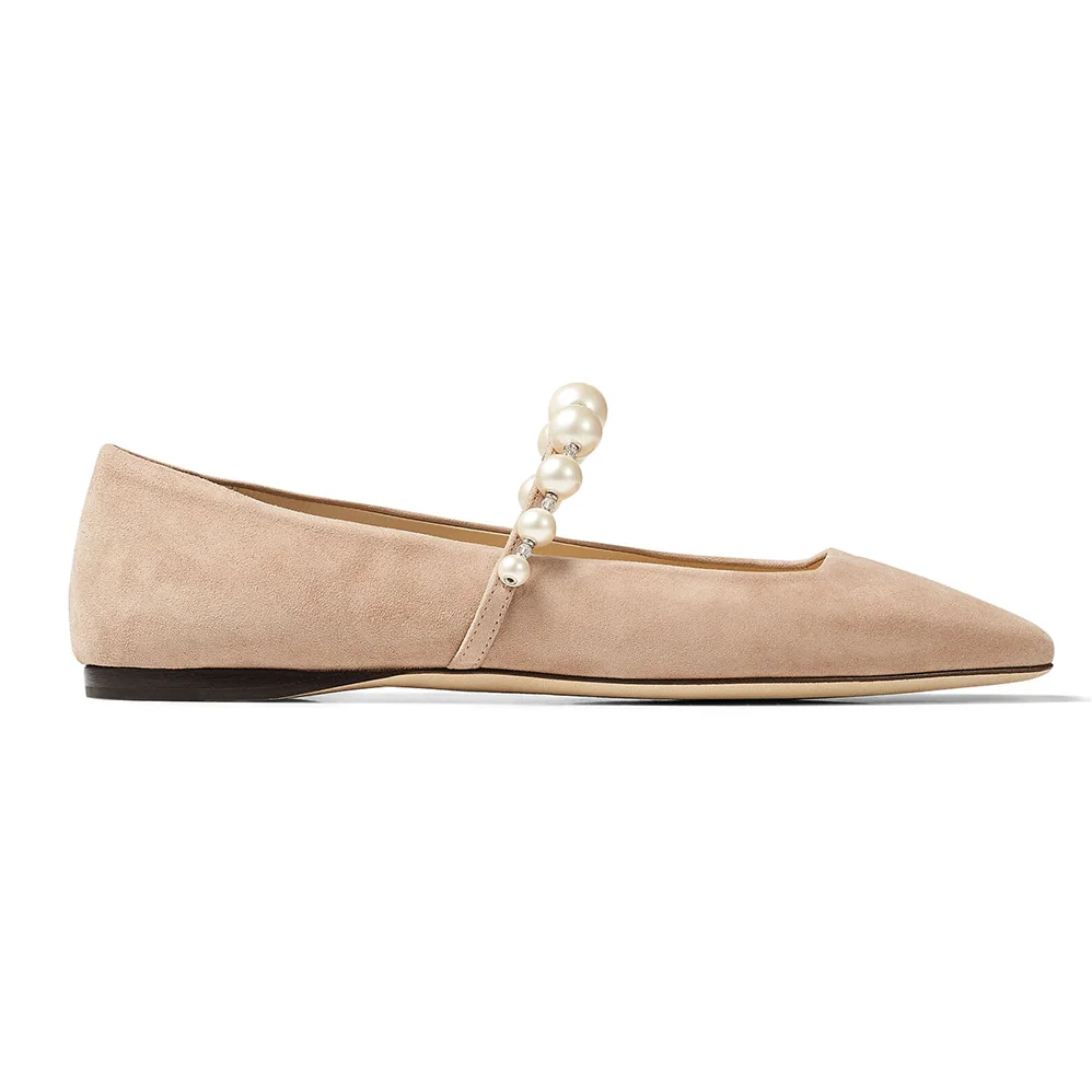 Jimmy Choo Ade Flat Ballet Pink Suede Flats with Pearl Embellishment for Women Jimmy Choo Ade Flat Ballet Pink Suede Flats with Pearl Embellishment for Women