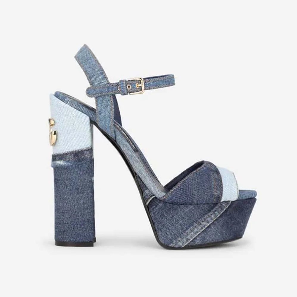 Dolce Gabbana D&G Patchwork Denim Platform Sandals for Women in Navy