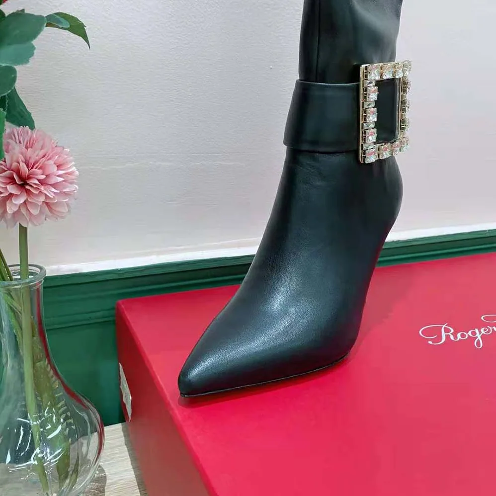 Roger Vivier Pointy Strass Buckle Boots in Leather for Women
