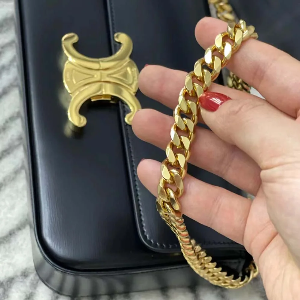 Celine Chain Shoulder Bag Triomphe in Shiny Calfskin for Women in Black