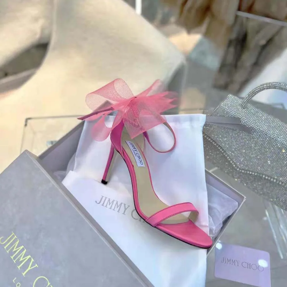 Jimmy Choo Aveline 100 Fuchsia Sandals with Asymmetric Grosgrain Mesh Fascinator Bows for Women