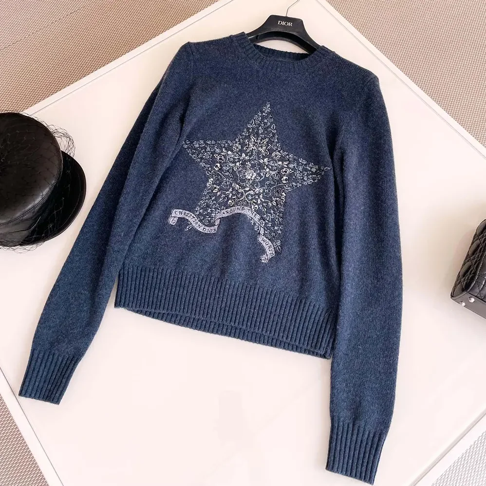 Dior Embroidered Sweater Blue Cashmere Knit for Women