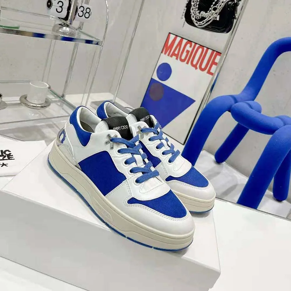 Jimmy Choo JC / Eric Haze Florent/M White Calf Leather and Blue Canvas Trainers for Unisex Jimmy Choo JC / Eric Haze Florent/M White Calf Leather and Blue Canvas Trainers for Unisex