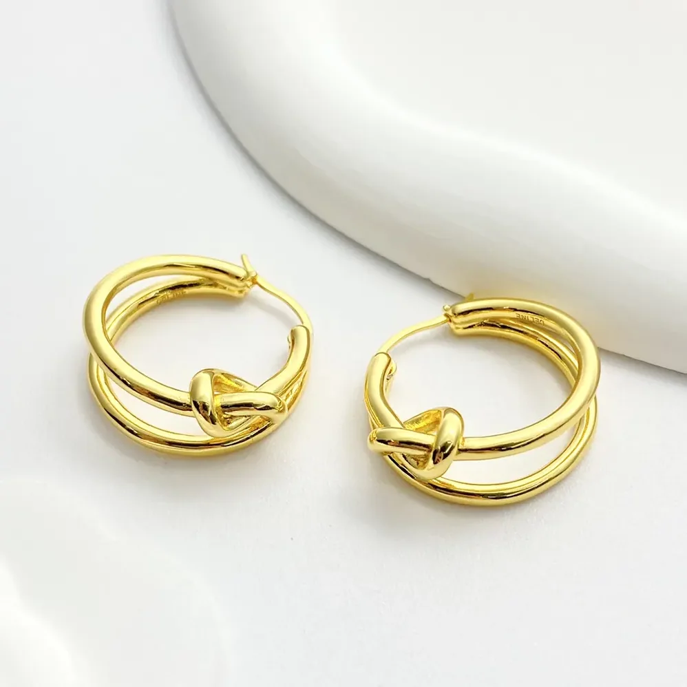 Celine Knot Double Hoops in Brass with Gold Finish for Women