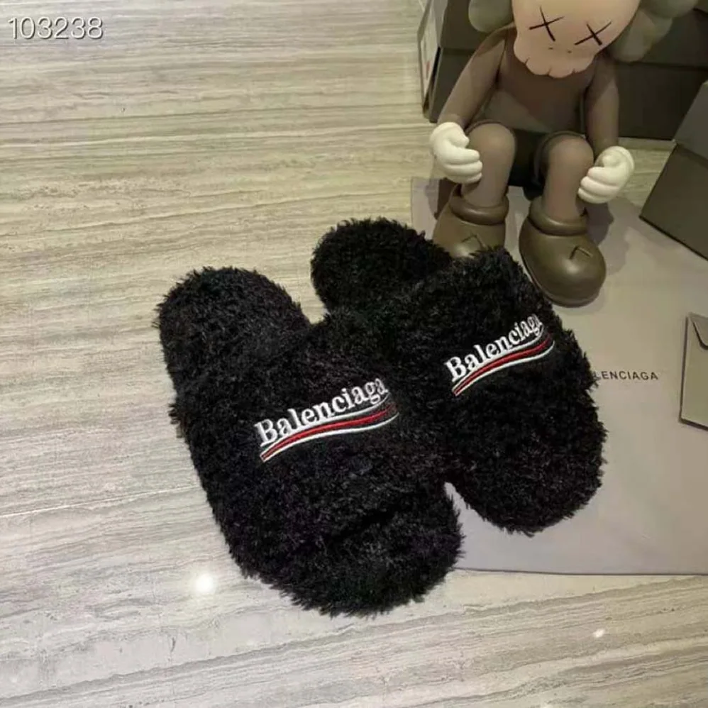 Balenciaga Furry Slide Sandal in Black Fake Shearling white Political Campaign Embroideries for Women