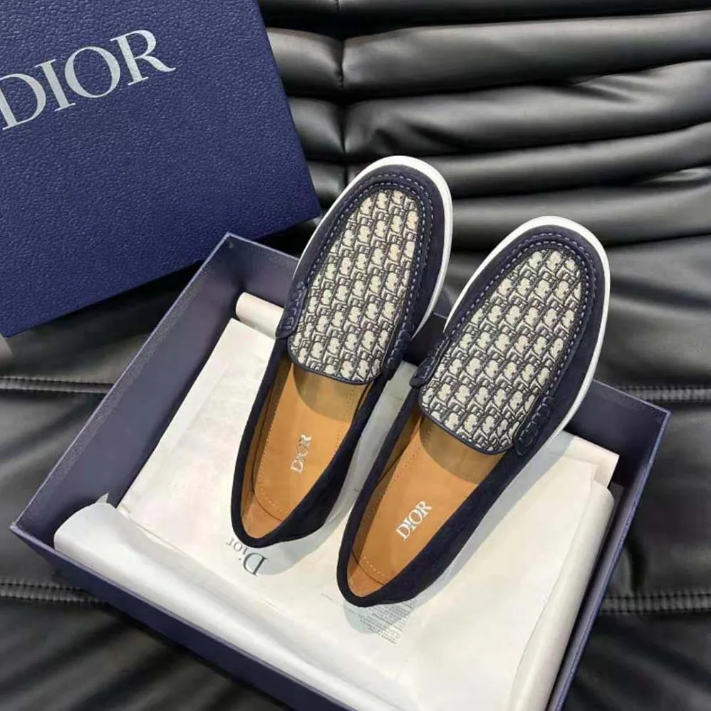 Dior Granville Loafer Navy Blue Suede with Beige and Black Dior Oblique Jacquard for Men
