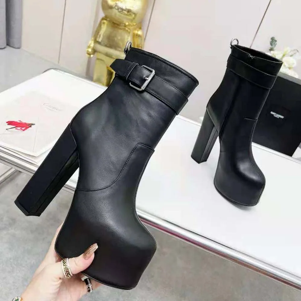 Saint Laurent YSL Cherry Buckle Platform Booties in Smooth Leather for Women