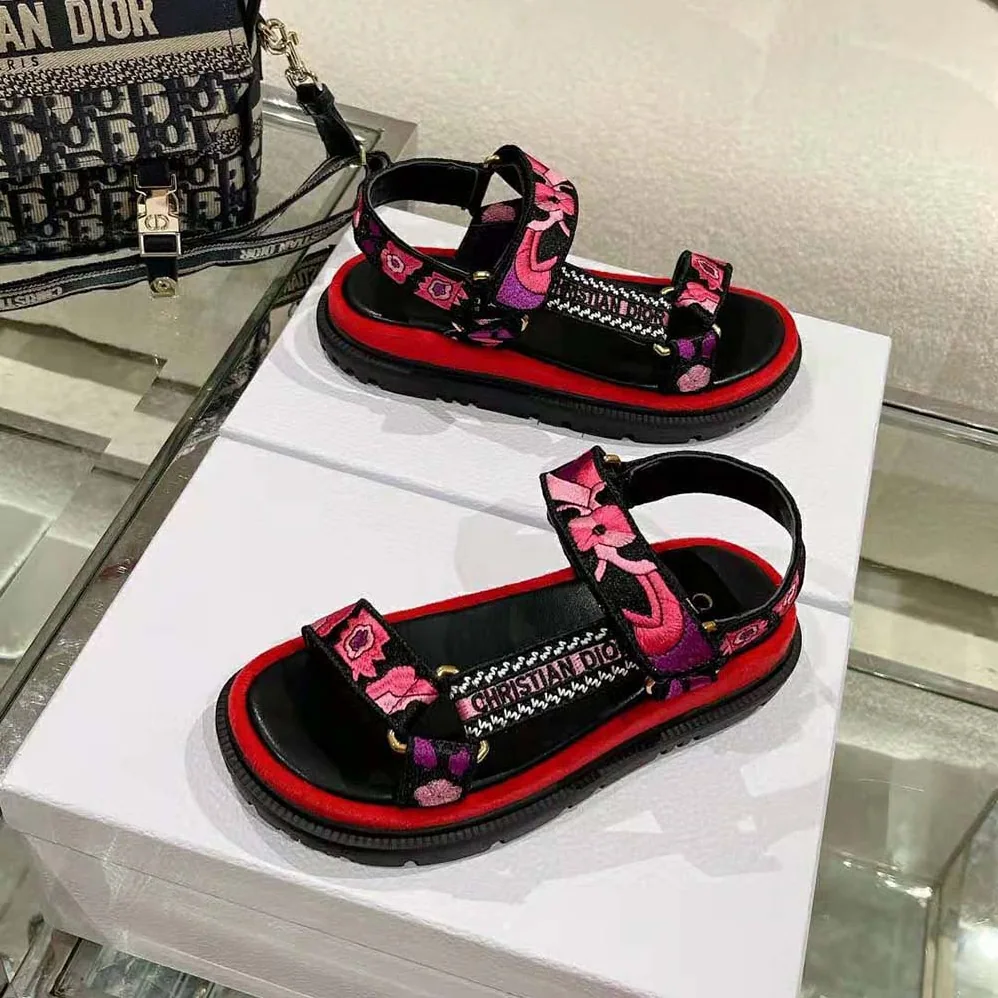 Dior D-wave Sandal Indy Pink Multicolor Cotton with Jardin Indien Embroidery for Women