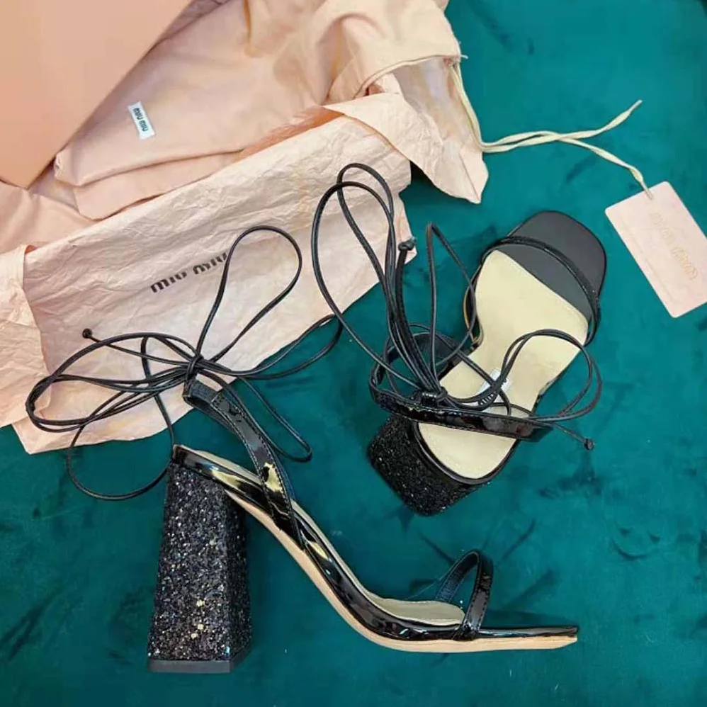 Miu Miu Patent Leather and Glitter Sandals in 100mm Heel Height for Women in Black Miu Miu Patent Leather and Glitter Sandals in 100mm Heel Height for Women in Black