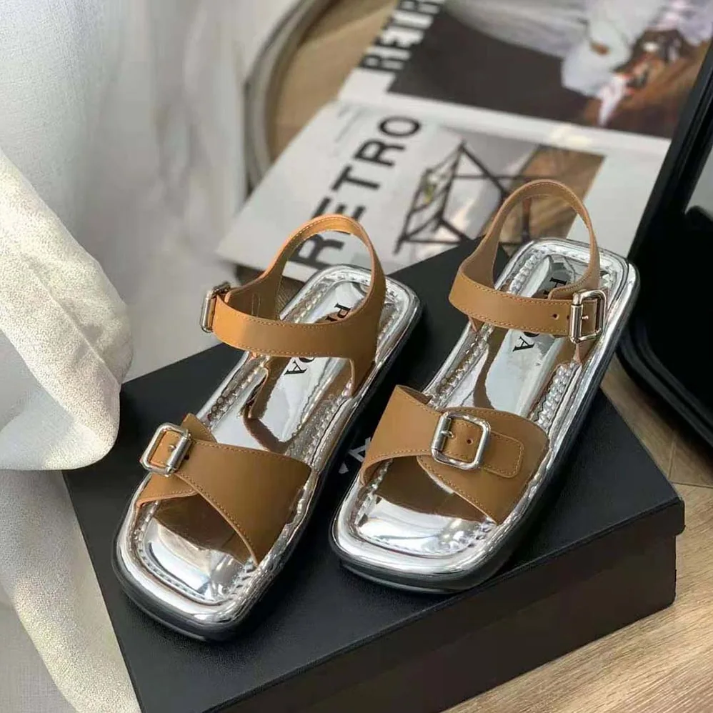 Prada Flat Rectangular Leather Sandals for Women in Brown Prada Flat Rectangular Leather Sandals for Women in Brown