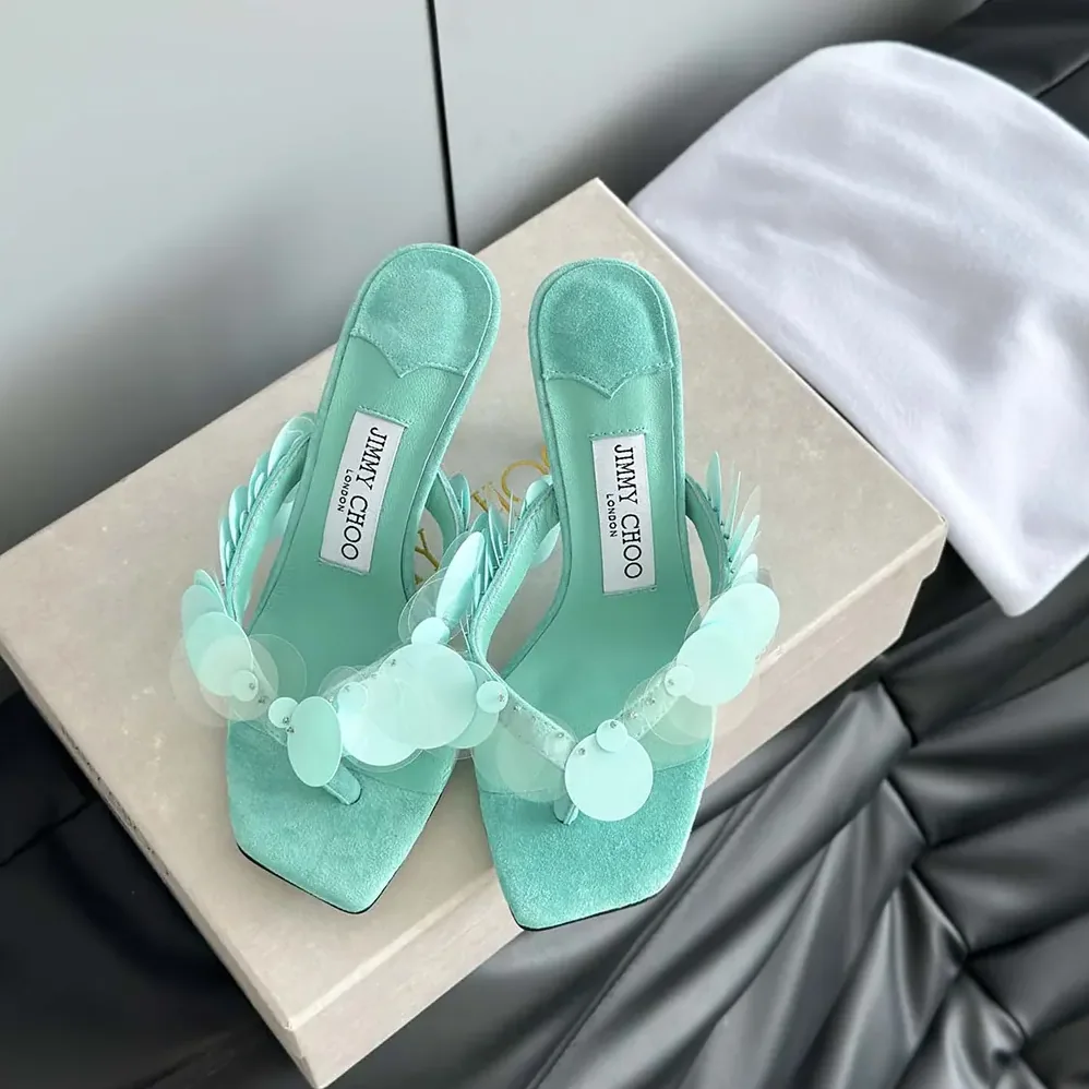 Jimmy Choo Freja 70 Aqua Green Suede Paillette Sandals for Women