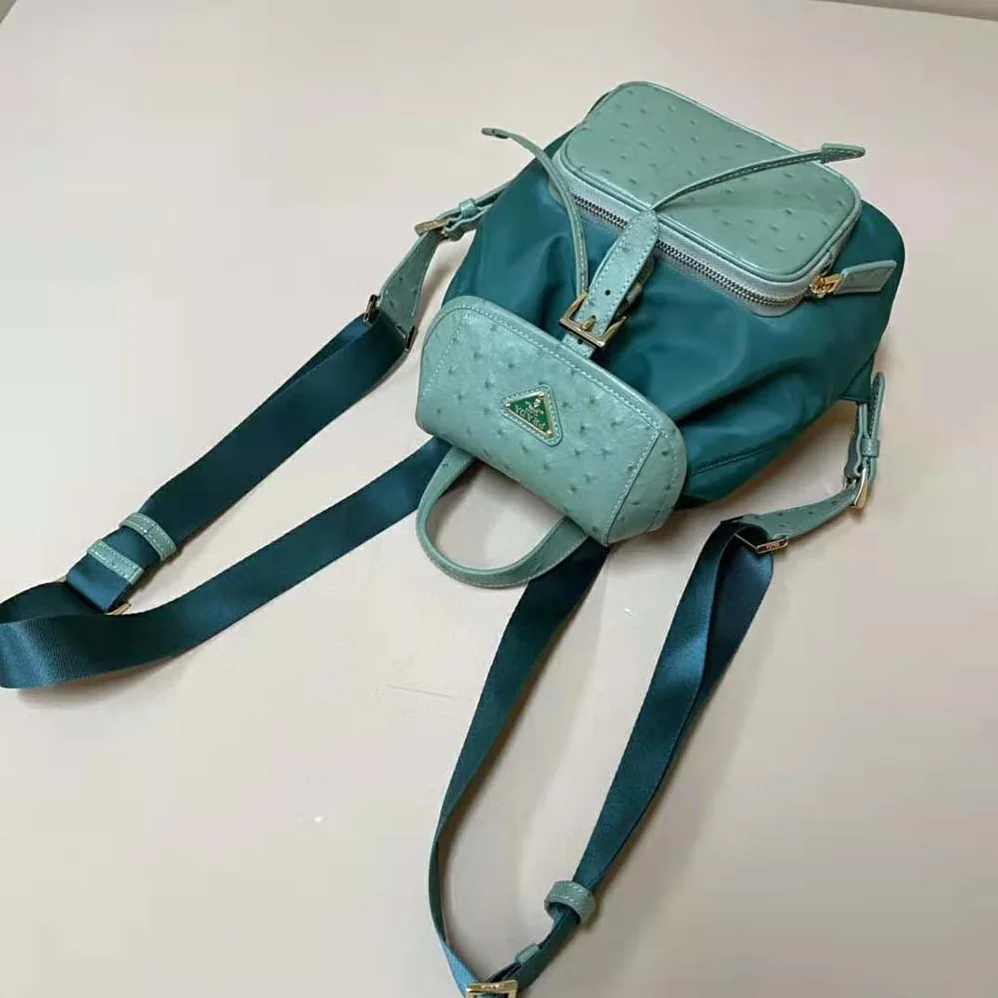Prada Re-Nylon and Ostrich Leather Backpack for Women in Green