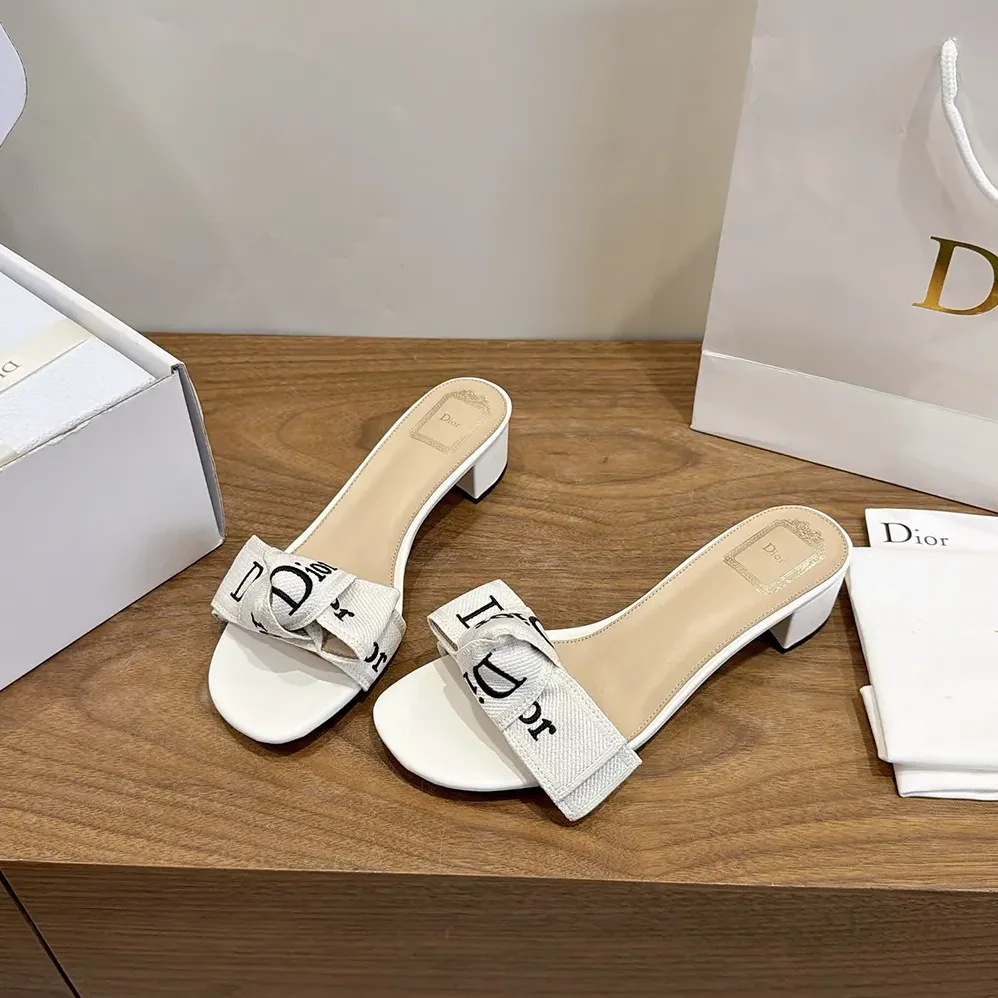Dior J'Adior Heeled Slide Ivory Embroidered Cotton for Women Dior J'Adior Heeled Slide Ivory Embroidered Cotton for Women