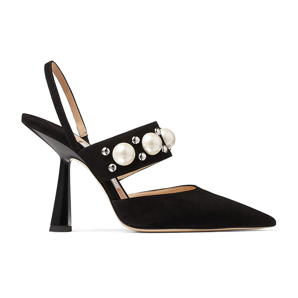 Jimmy Choo Breslin 100 Black Suede Slingbacks with Pearl and Stud Embellishment for Women