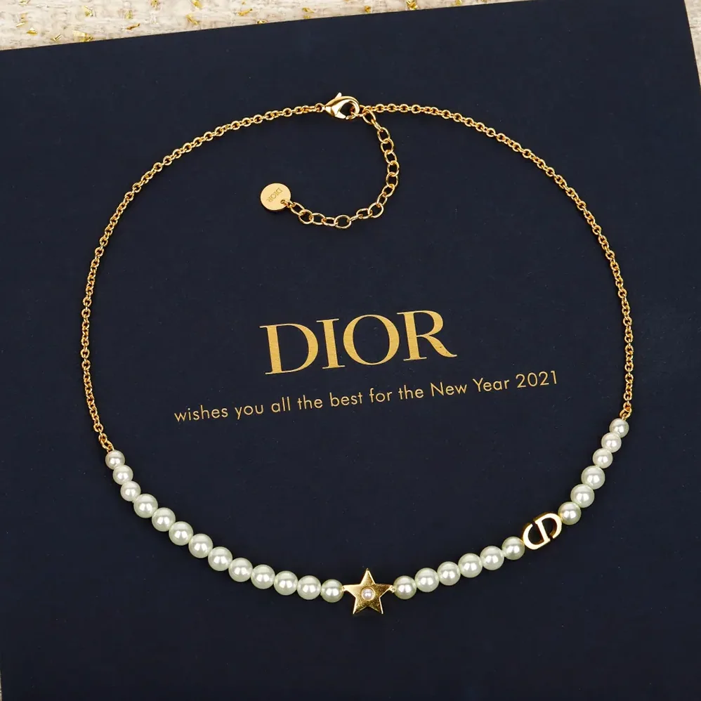 Dior Lucky Dior Necklace Gold-Finish Metal and White Resin Pearls for Women Dior Lucky Dior Necklace Gold-Finish Metal and White Resin Pearls for Women