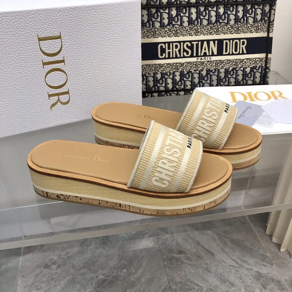 Dior Dway Platform Slide Natural Raffia and White Embroidered Cotton for Women