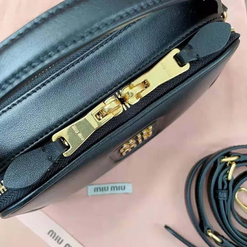 Miu Miu Arcadie Leather Bag with Metal Lettering Logo for Women in Black