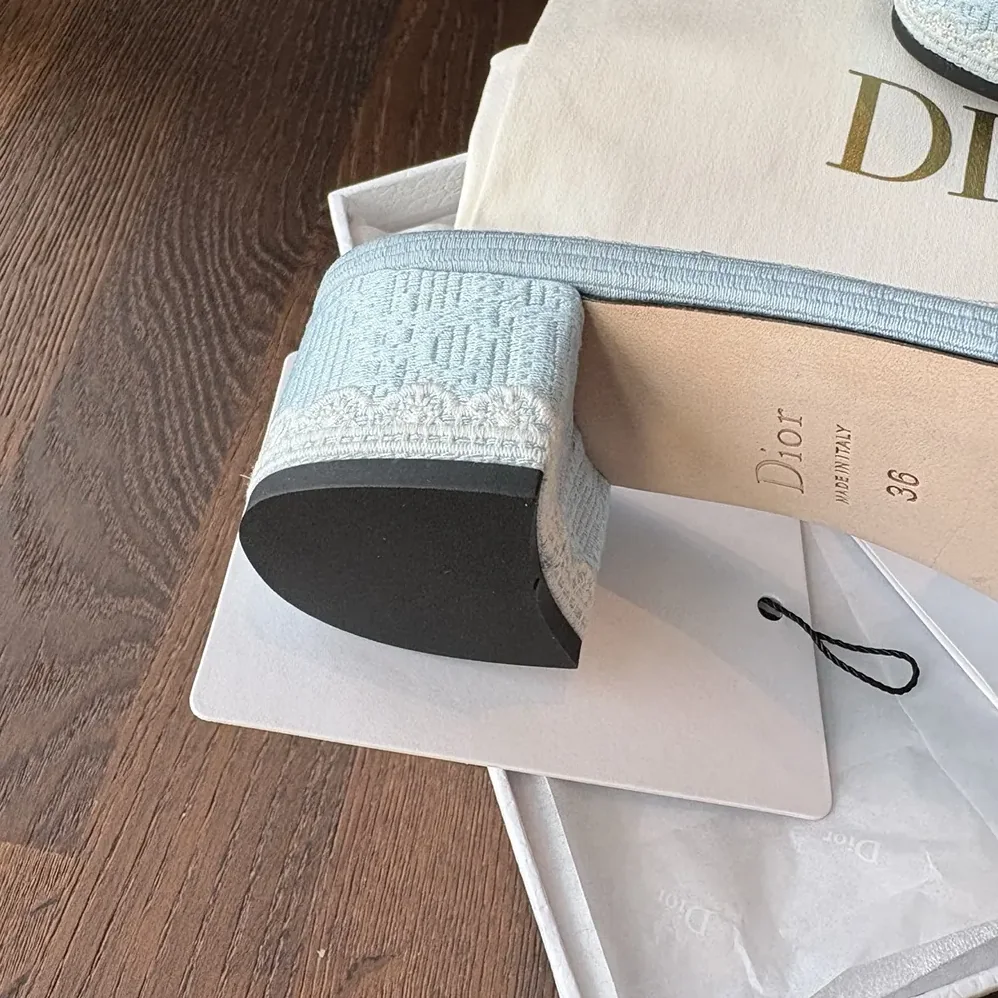 Dior Dentelle Heeled Slide Sky Blue Dior Oblique Embroidered Cotton and White Lace for Women Dior Dentelle Heeled Slide Sky Blue Dior Oblique Embroidered Cotton and White Lace for Women