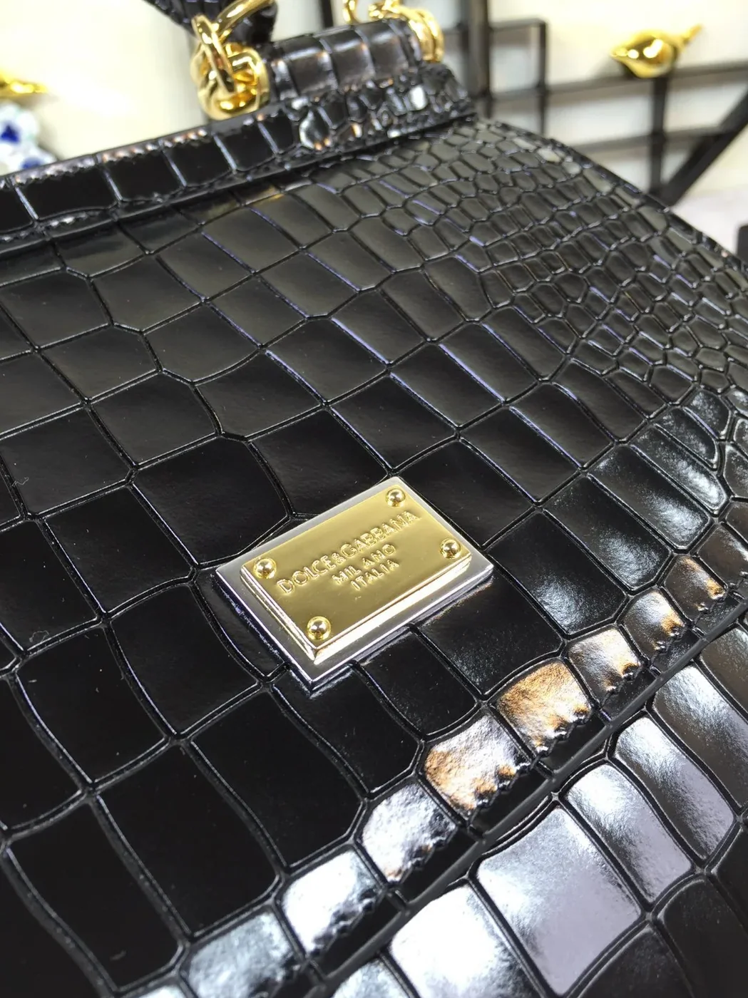 Dolce & Gabbana Medium Sicily Bag In Foiled Crocodile in Print Black / DG