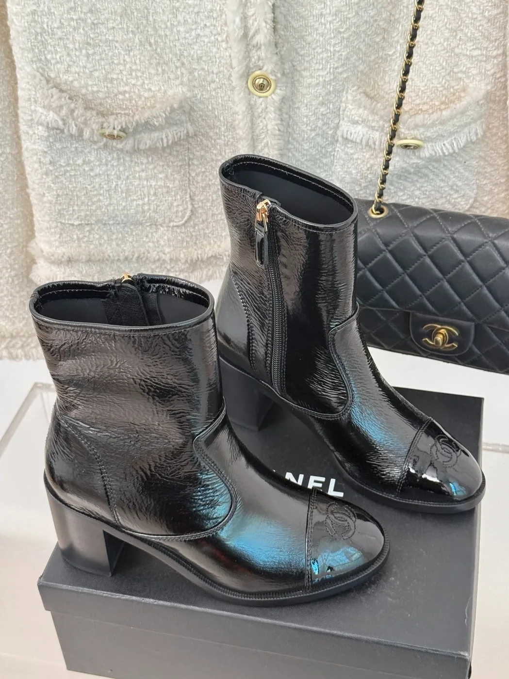 Chanel Glossy Chunky Ankle Heel Boots Black / Chanel Glossy Chunky Ankle Heel Boots Black /