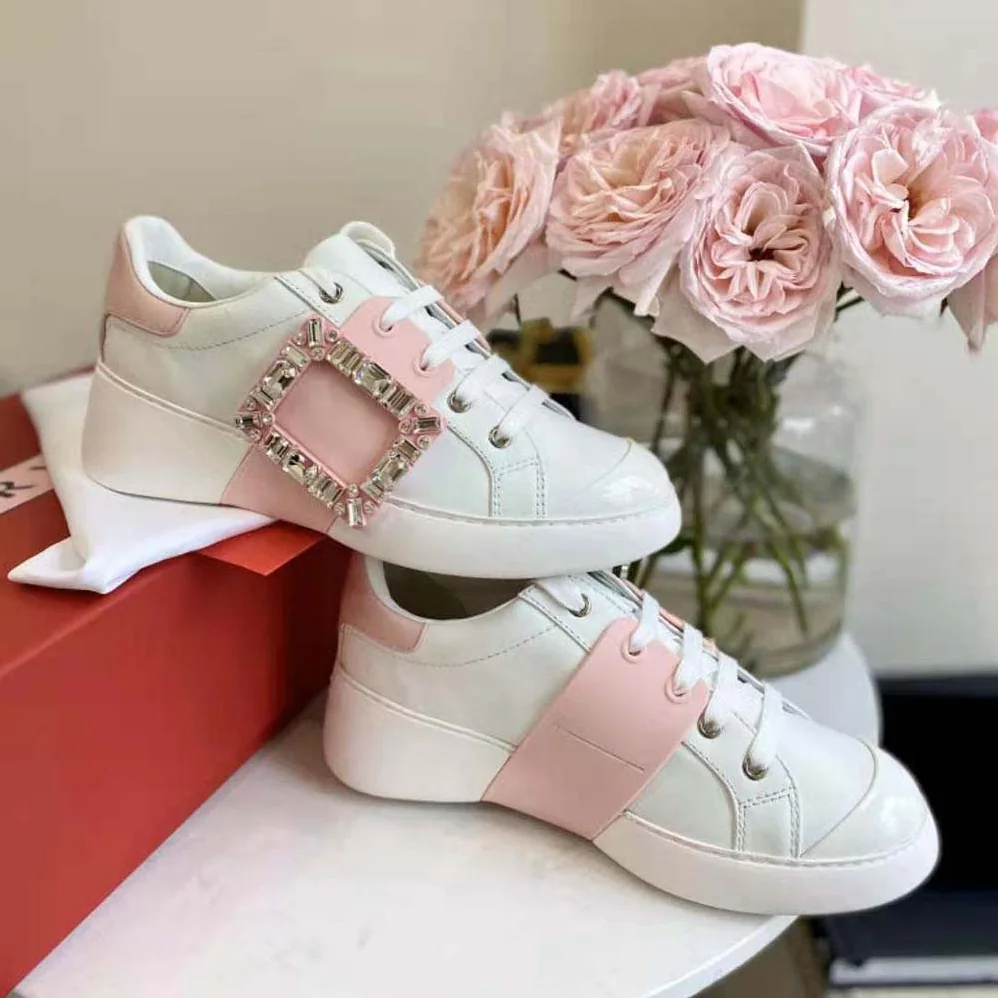 Roger Vivier Viv Skate Strass Buckle Sneakers in Soft Leather for Women in Pink Roger Vivier Viv Skate Strass Buckle Sneakers in Soft Leather for Women in Pink