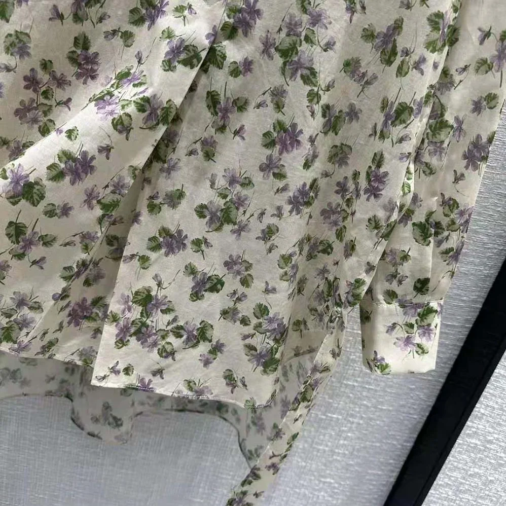 Dior Long Blouse Multicolor Cotton Voile with Violets Motif for Women Dior Long Blouse Multicolor Cotton Voile with Violets Motif for Women