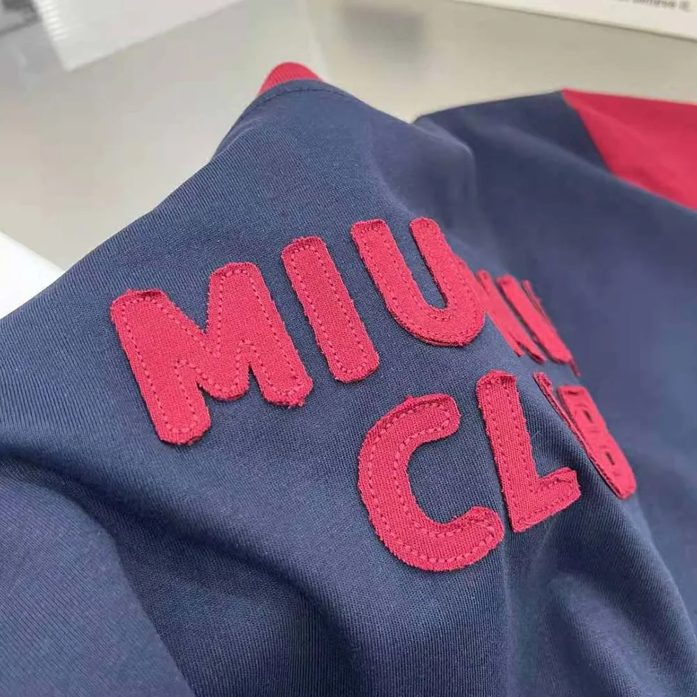 Miu Miu Jersey T-shirt with Embroidered Logo for Women in Navy Miu Miu Jersey T-shirt with Embroidered Logo for Women in Navy
