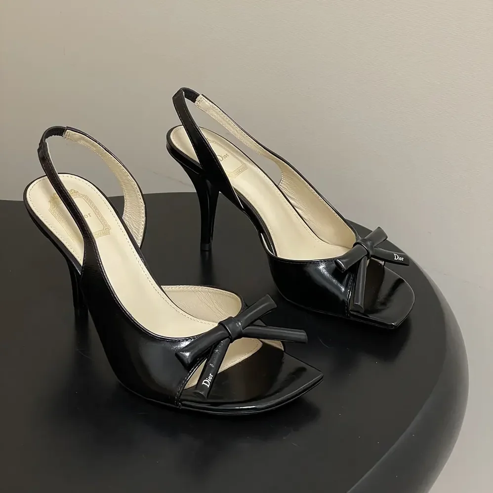 Dior Bow Heeled Slingback Sandal Black Lambskin for Women