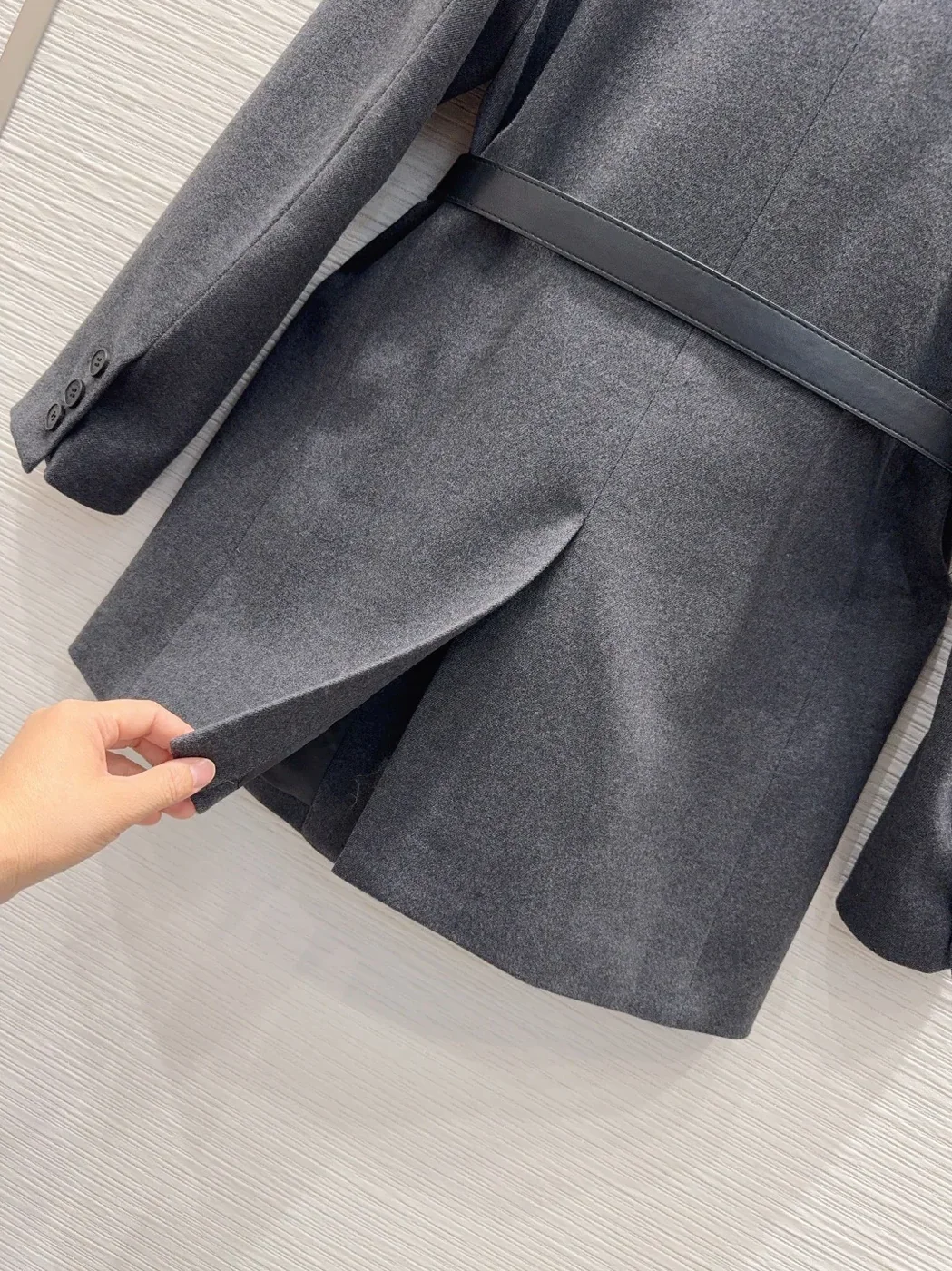 Prada Belted Tailored Blazer With Triangle Logo Grey