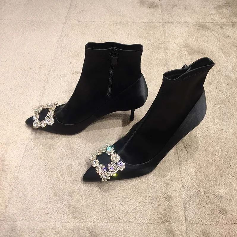 Roger Vivier Shoes Flower Strass Buckle Booties in Satin Silk 60mm Heel for Women in Black Roger Vivier Shoes Flower Strass Buckle Booties in Satin Silk 60mm Heel for Women in Black