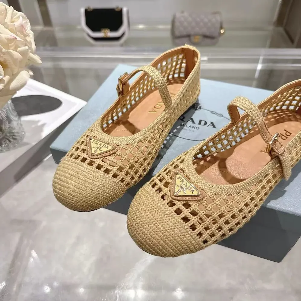 Prada Crochet Ballerinas for Women in Quartz Prada Crochet Ballerinas for Women in Quartz