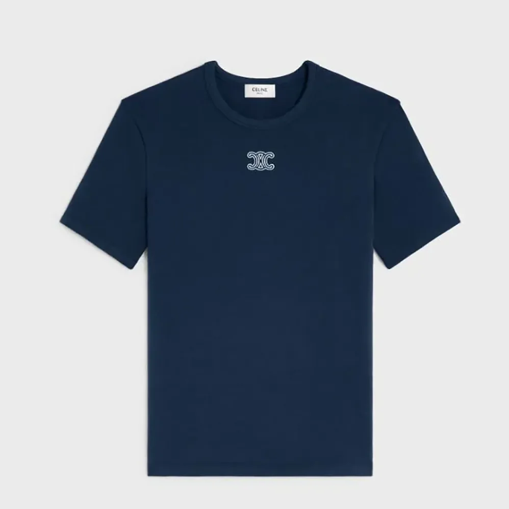 Celine Triomphe T-Shirt In Ribbed Cotton Jersey for Women in Navy