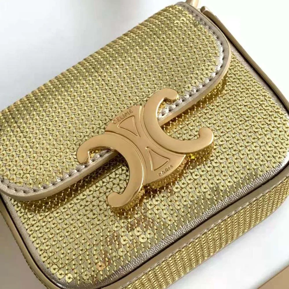 Celine Mini Triomphe in Sequins and Calfskin for Women in Gold Celine Mini Triomphe in Sequins and Calfskin for Women in Gold