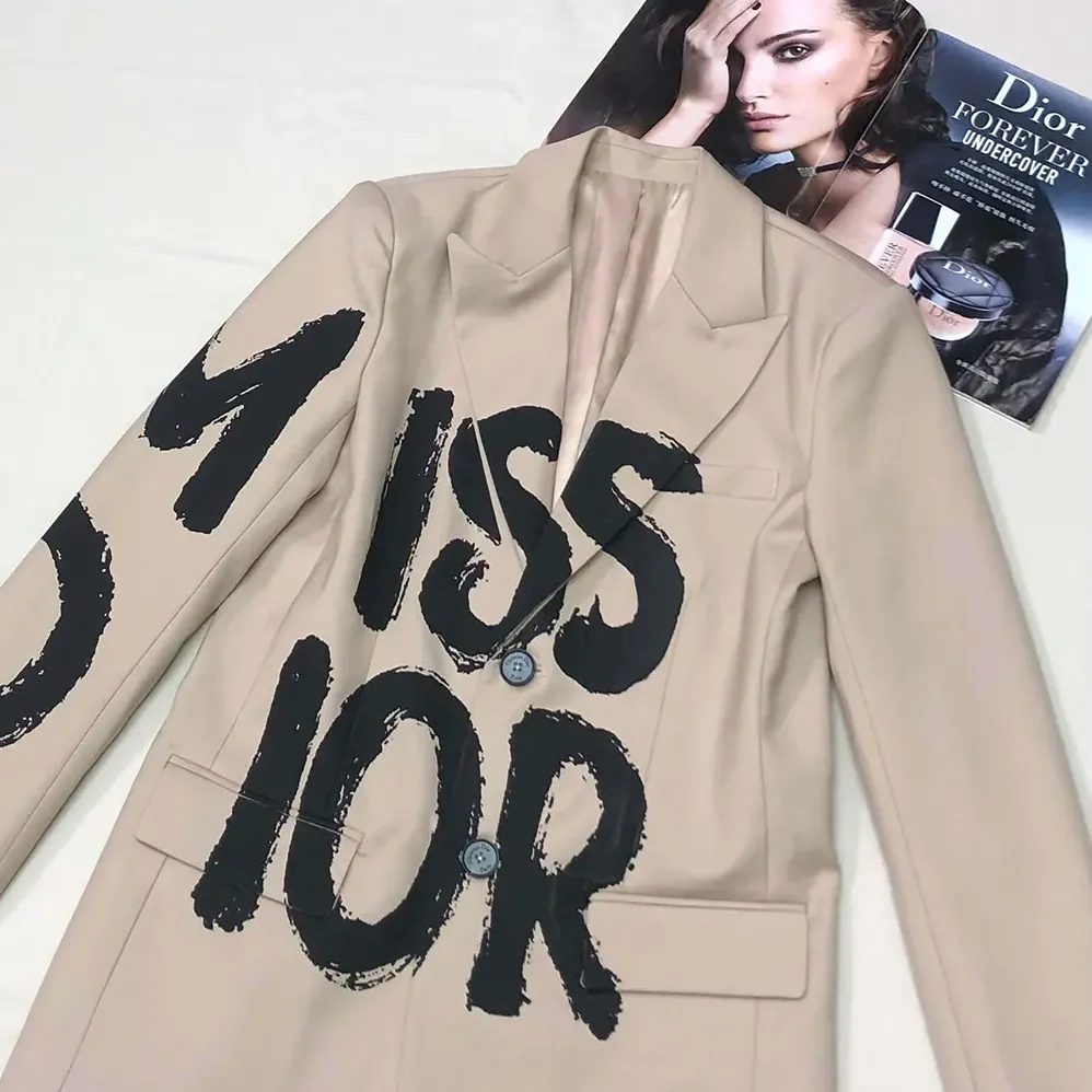 Dior Blazer Beige Virgin Wool and Mohair with Black Miss Dior Graffiti Motif for Women Dior Blazer Beige Virgin Wool and Mohair with Black Miss Dior Graffiti Motif for Women