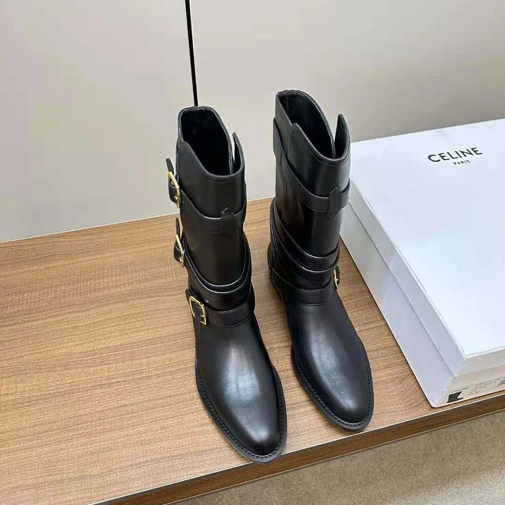 Celine Celine Lyra Triple Buckles Boot in Calfskin for Women in Black Celine Celine Lyra Triple Buckles Boot in Calfskin for Women in Black