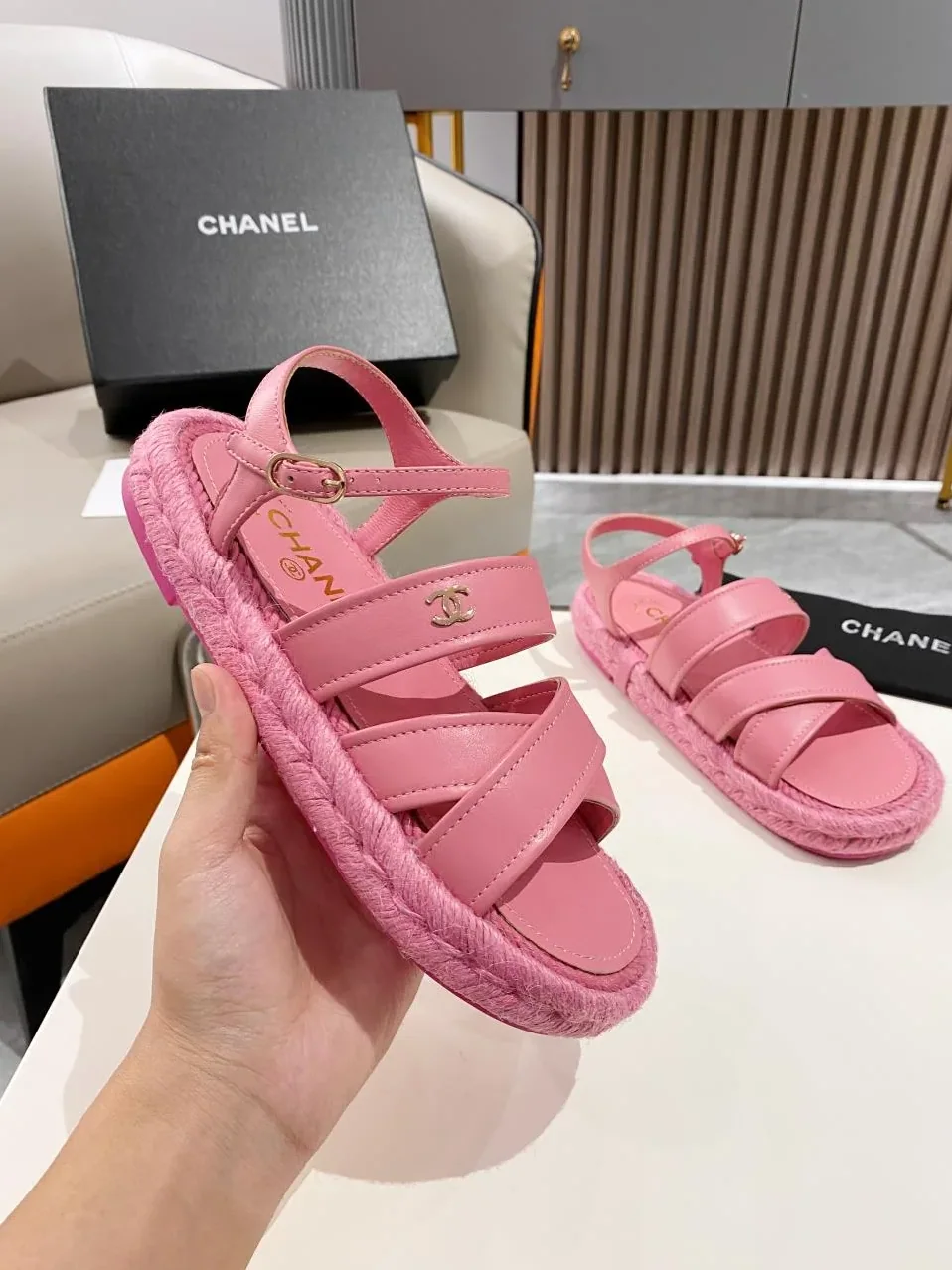Chanel Straw Weave Strap Thick Sole Crossbody Pink Chanel Straw Weave Strap Thick Sole Crossbody Pink