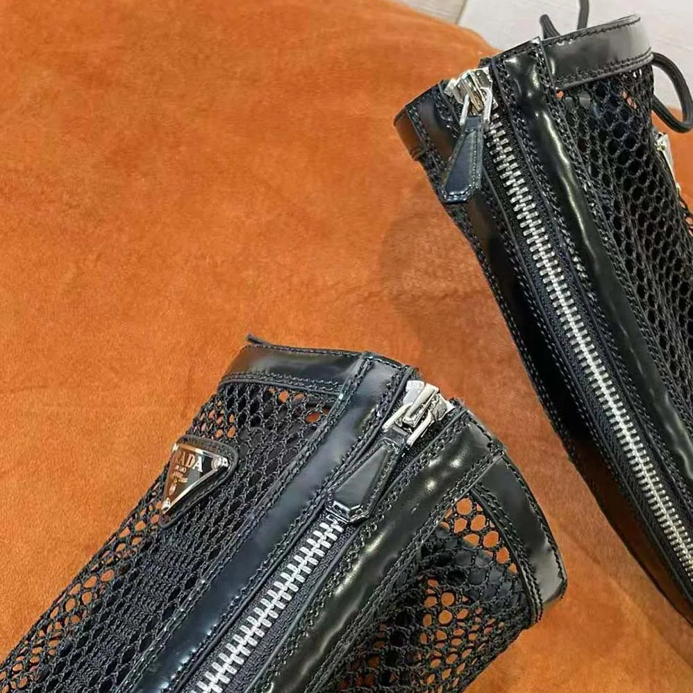 Prada Brushed Leather and Mesh Boots for Women in Black