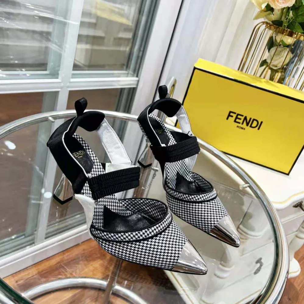 Fendi Colibrì High-Heeled Slingbacks in Black Houndstooth Fabric for Women Fendi Colibrì High-Heeled Slingbacks in Black Houndstooth Fabric for Women