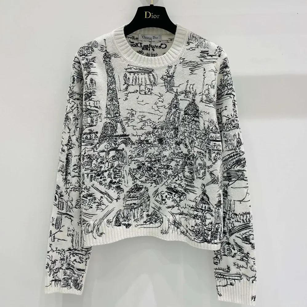 Dior Embroidered Sweater White and Black Cashmere Knit with Paris Allover Motif for Women