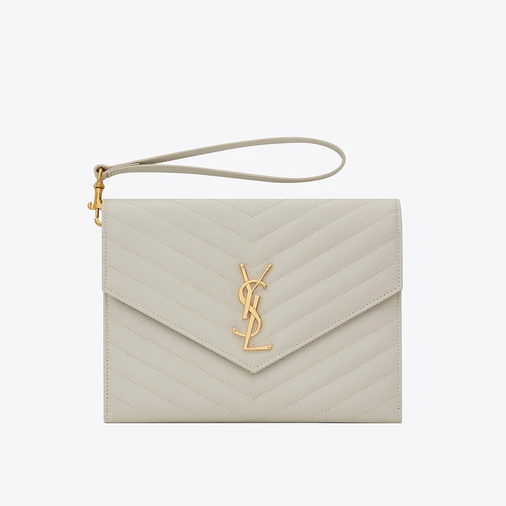 Saint Laurent YSL Monogram Clutch in Quilted Grain de Poudre Embossed Leather for Women