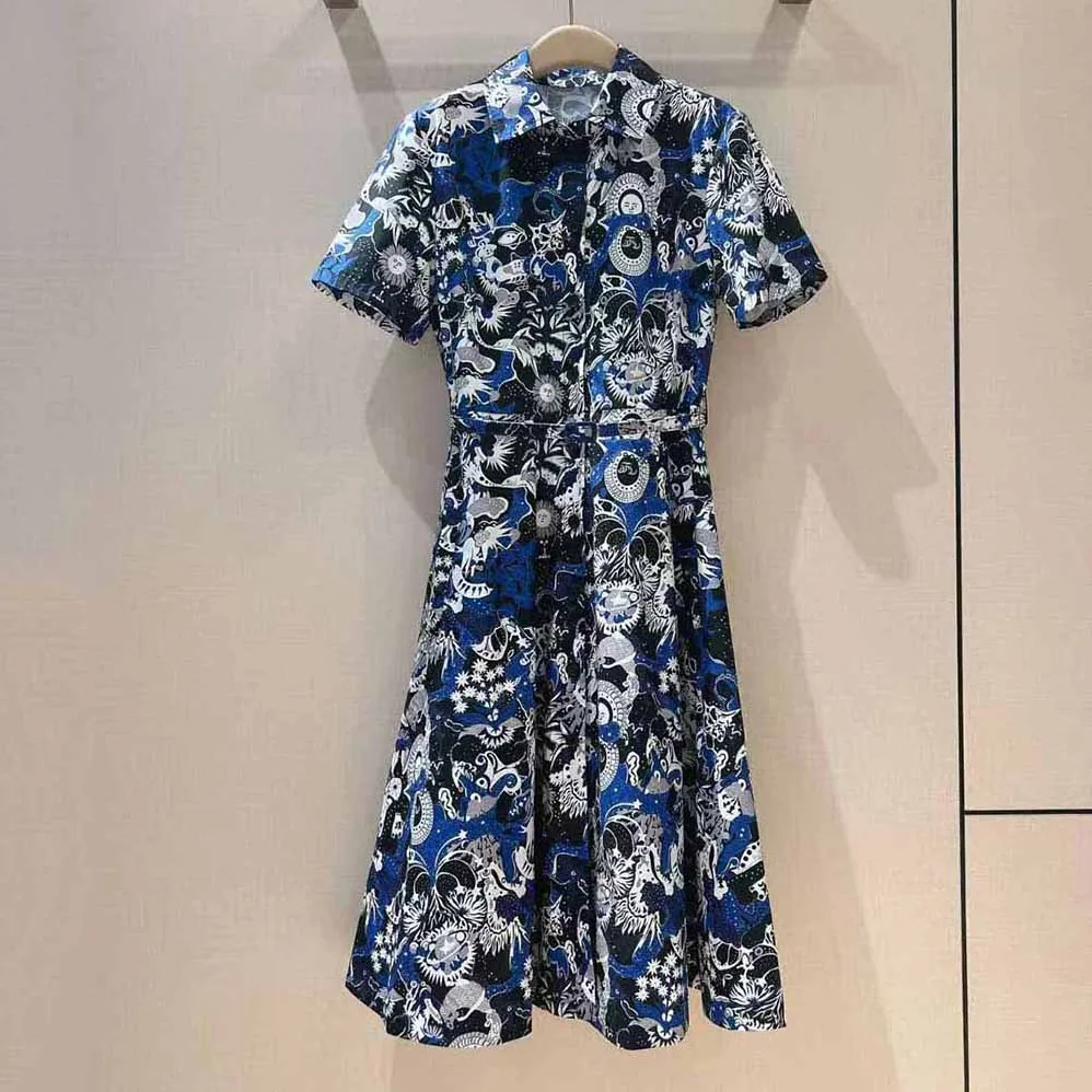 Dior Mid-Length Belted Dress Blue Dior Zodiac Fantastico Cotton Poplin for Women