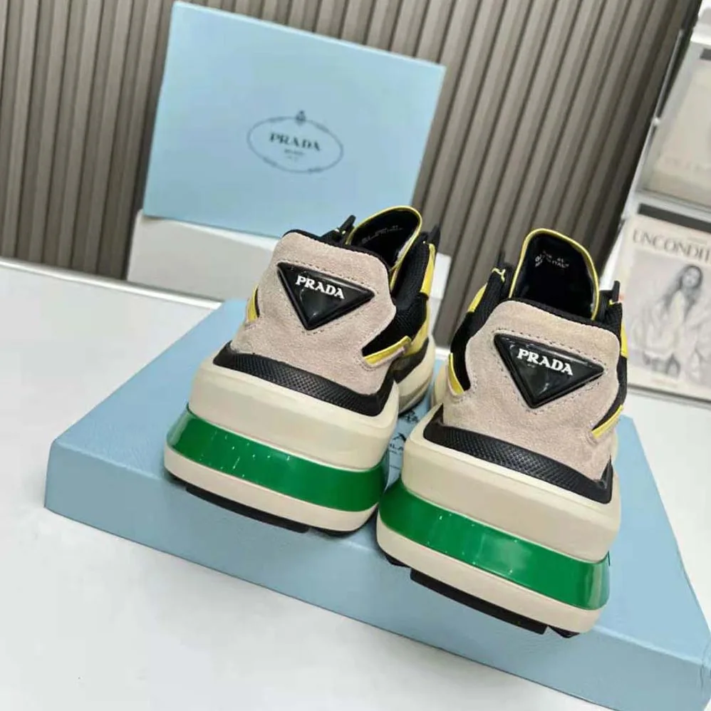 Prada Systeme Brushed Leather Sneakers with Bike Fabric and Suede Elements for Men in Yellow