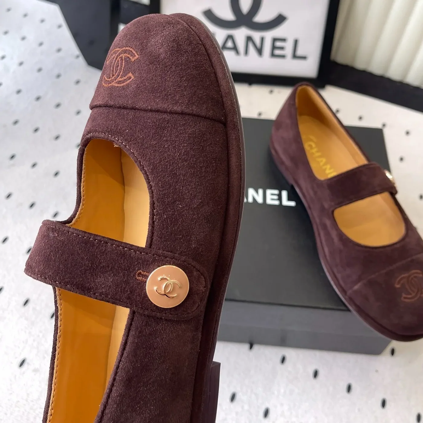 Chanel Mary Jane Flats Burgundy Suede