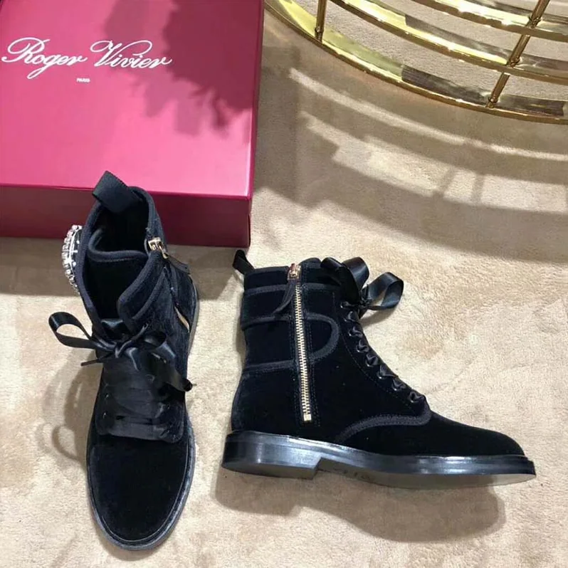 Roger Vivier Shoes Viv' Rangers Strass Buckle Fabric Ankle Boots for Women in Black